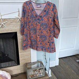 Gretchen Scott Tunic V-Neck Slit Sides Blue & Orange Yellow